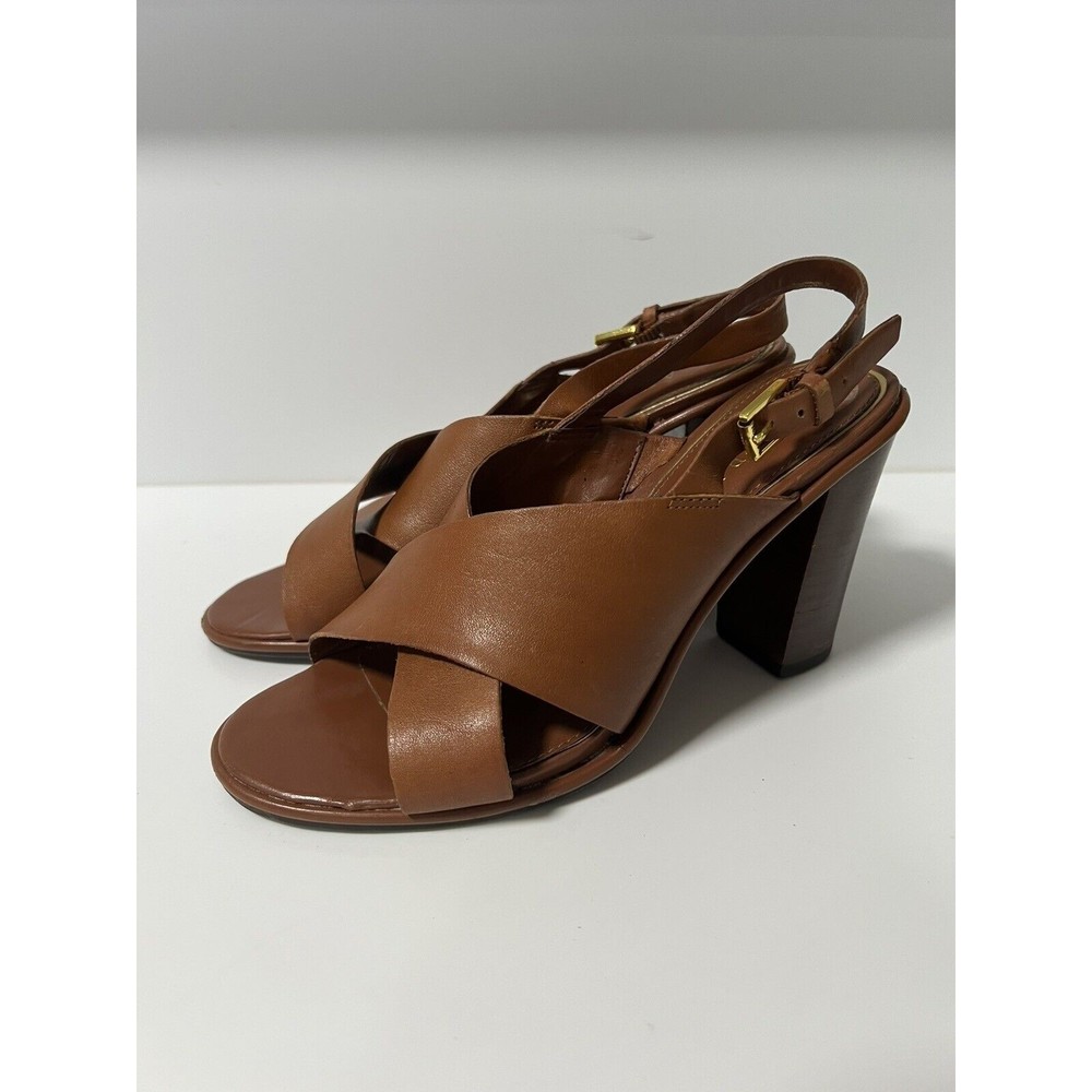Lauren Ralph Lauren Brown Leather Sandals Wood Stack Heel Slingback Size 6